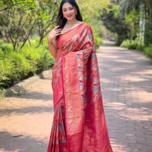 Women's Plush Pista Green & Pink Art Silk Saree with Fine Leaf Weave & Broad Zari Border – Perfect for Festive & Wedding Occasions