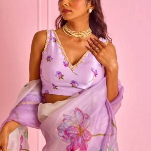 Women's Refined Lavender & White Organza Saree with Hand-Painted Lotus Floral Motifs & Gold Decorated Border – Paired with Matching Print Blouse for Festive & Special Occasions