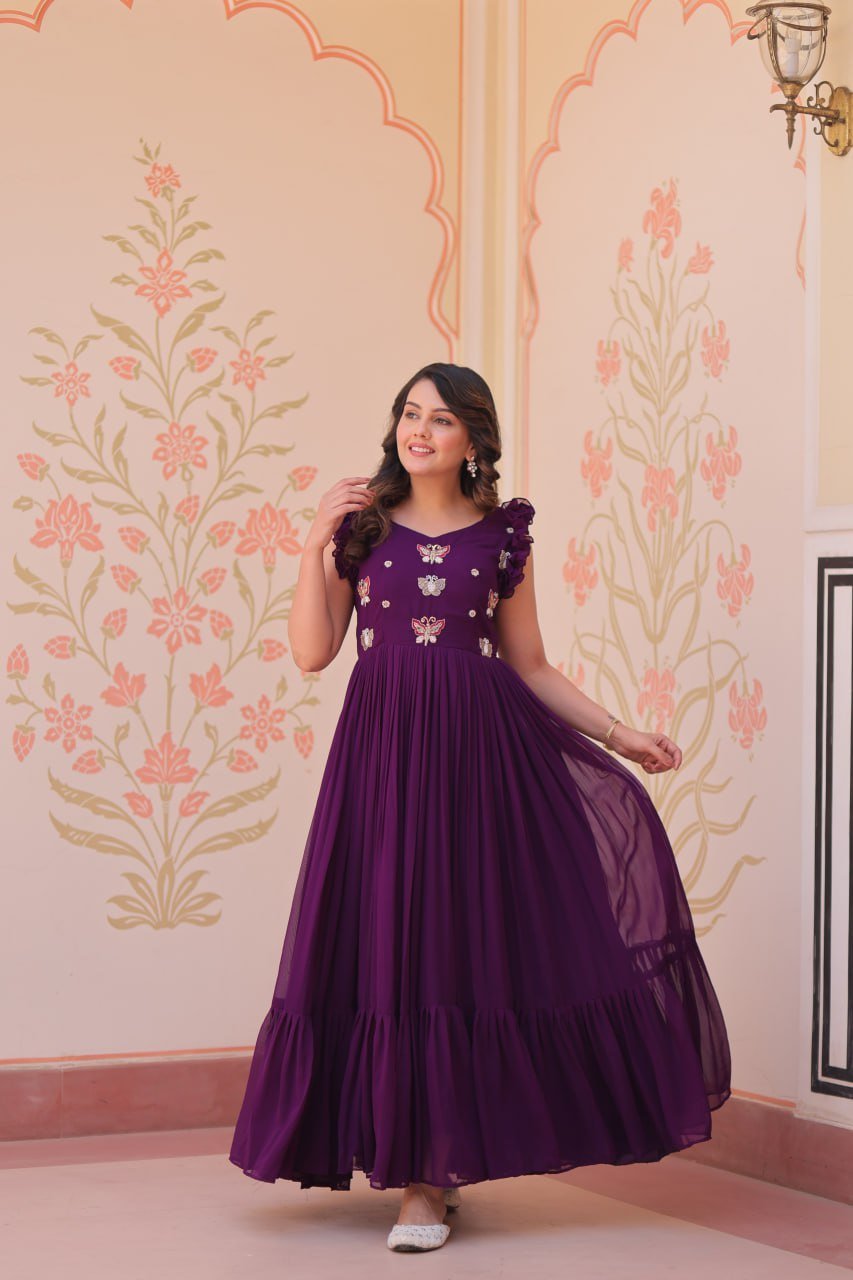 Women's Classy Plum Purple Georgette Anarkali Gown with Butterfly Applique & Ruffle Sleeves – Festive & Special Occasion Wear - Image 18