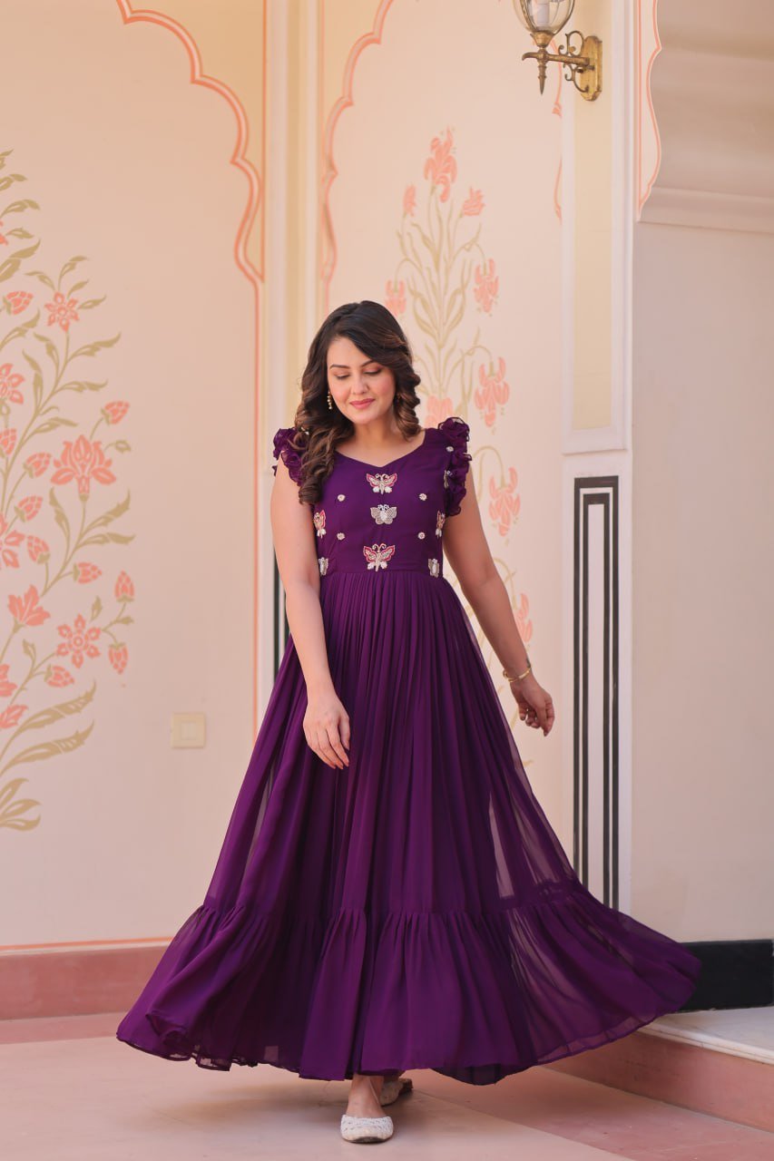 Women's Classy Plum Purple Georgette Anarkali Gown with Butterfly Applique & Ruffle Sleeves – Festive & Special Occasion Wear - Image 17