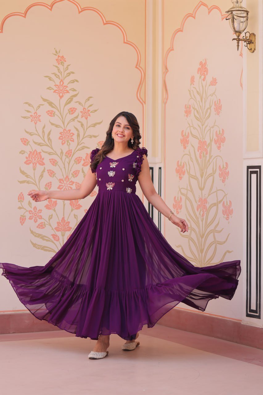 Women's Classy Plum Purple Georgette Anarkali Gown with Butterfly Applique & Ruffle Sleeves – Festive & Special Occasion Wear - Image 15