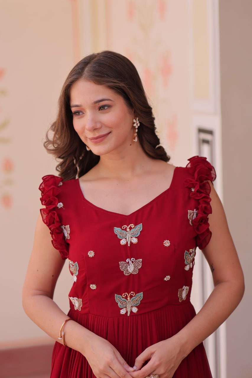 Women's Classy Plum Purple Georgette Anarkali Gown with Butterfly Applique & Ruffle Sleeves – Festive & Special Occasion Wear - Image 13