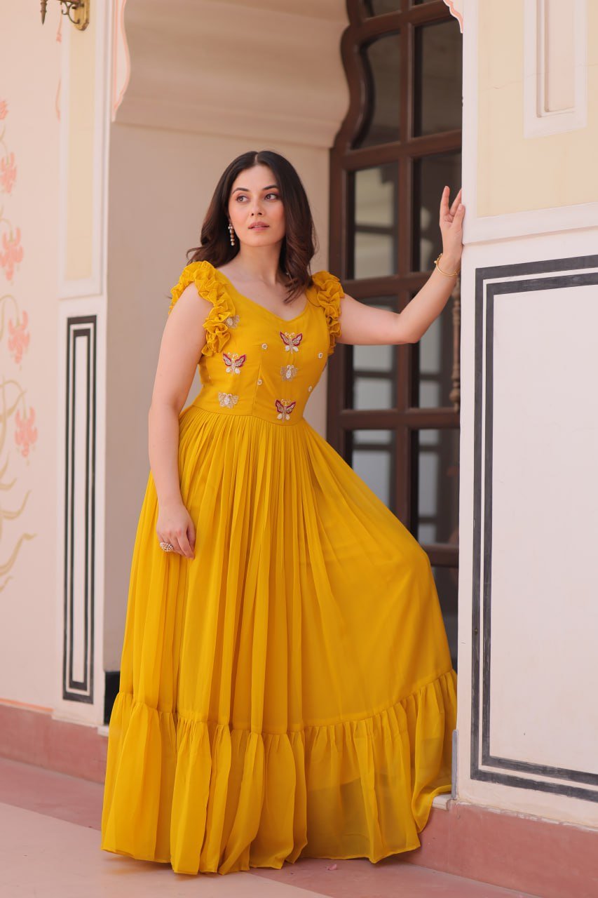 Women's Classy Plum Purple Georgette Anarkali Gown with Butterfly Applique & Ruffle Sleeves – Festive & Special Occasion Wear - Image 2