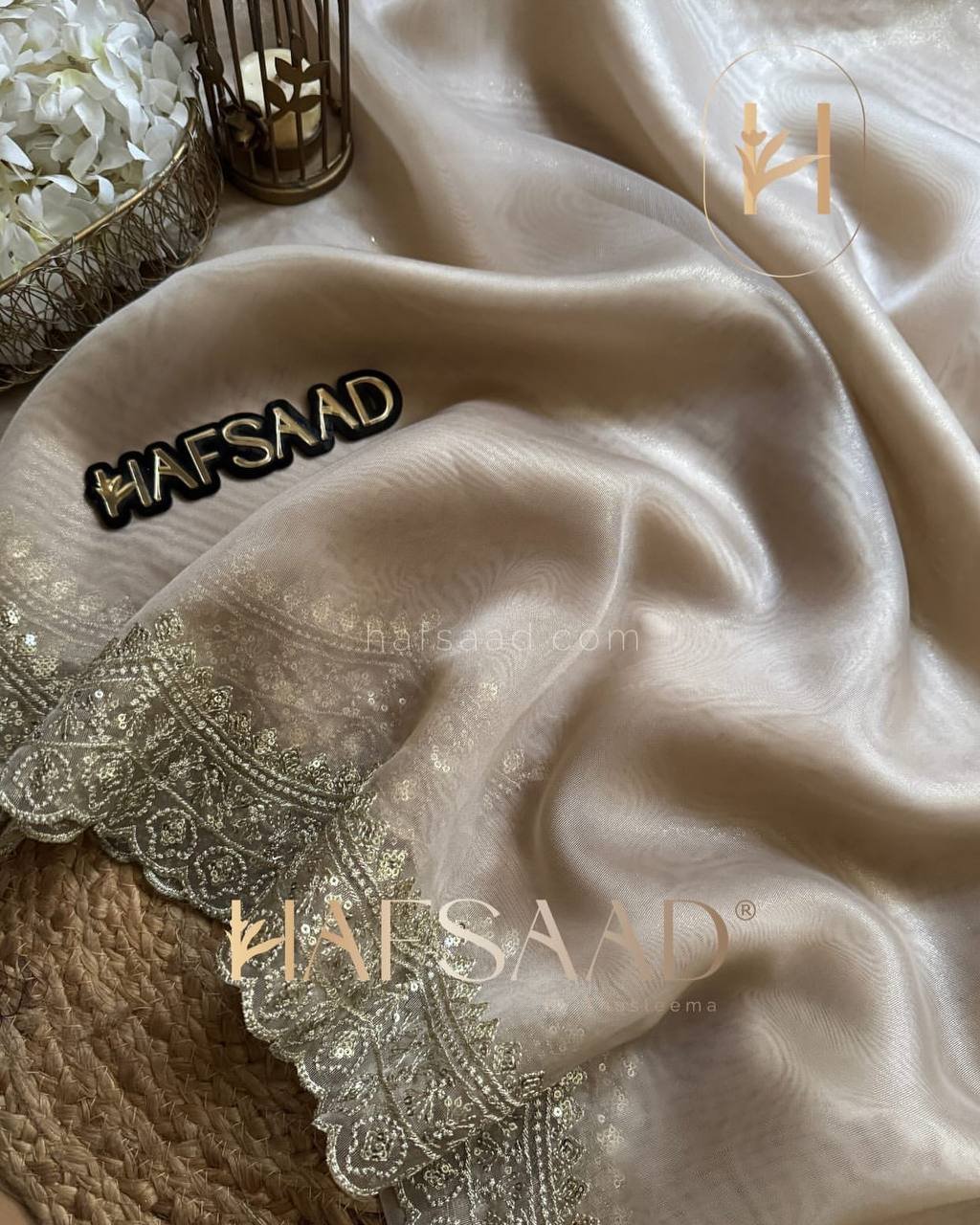 Opulent Ivory Organza Dupatta with Heavy Golden Sequin & Zari Cutwork Border – Perfect for Weddings & Festive Layering - Image 7