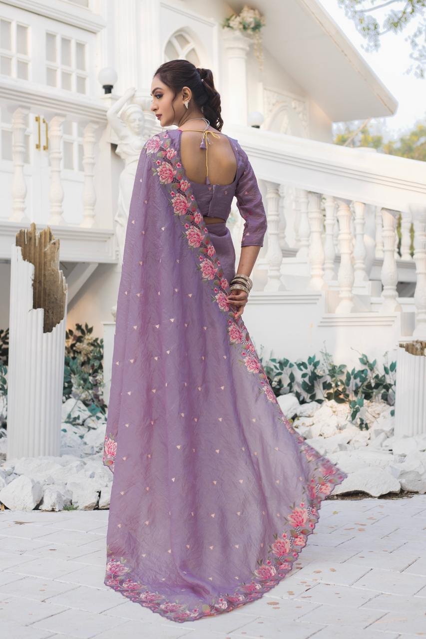 Women's Pristine White Organza Saree with Graceful Pink & Green Floral Thread Embroidery – Paired with Matching Embroidered Blouse for Festive & Summer Wear - Image 16