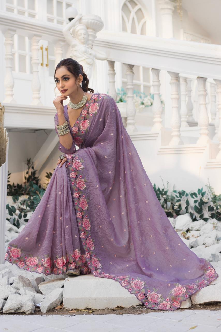 Women's Pristine White Organza Saree with Graceful Pink & Green Floral Thread Embroidery – Paired with Matching Embroidered Blouse for Festive & Summer Wear - Image 15