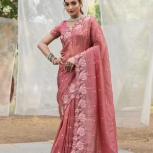 Women's Pristine White Organza Saree with Graceful Pink & Green Floral Thread Embroidery – Paired with Matching Embroidered Blouse for Festive & Summer Wear