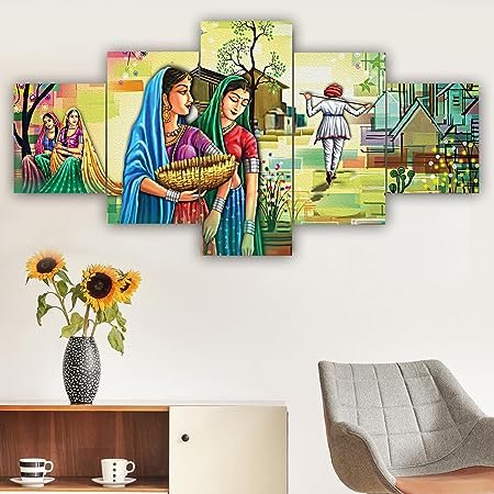 Set Of 5 Rajasthani Village Lady Scenery Framed Wall Painting For Home Decoration , Wall Decoration, Living Room ,With A Surprise Present Inside ,Big Size Wall Decor.(125 X 60 CM ) TL2 - Image 5