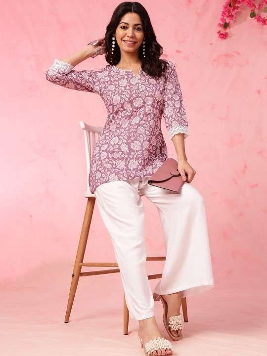 Women's Rayon Floral Print Straight Short Kurti Set