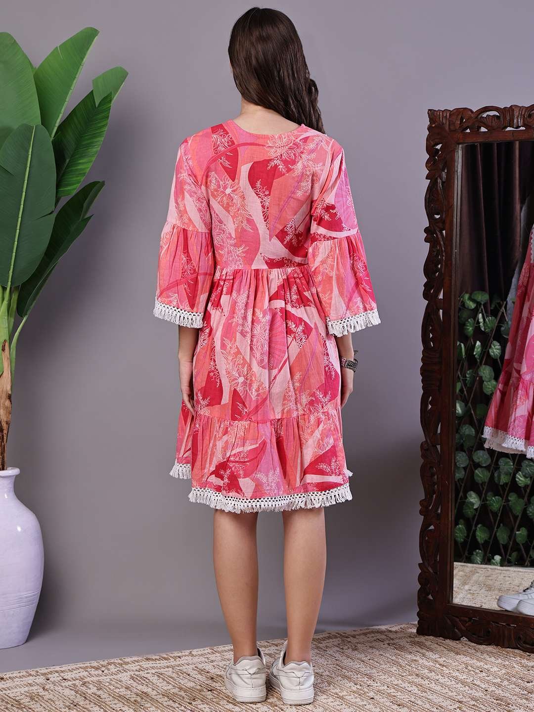 Wome's Pink Floral Print Cotton A-Line Dress with Embroidered Yoke Midi Dresses - Image 2
