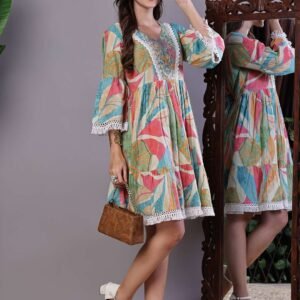 Wome's Multicolor Print Cotton A-Line Dress with Embroidered Yoke Midi Dresses