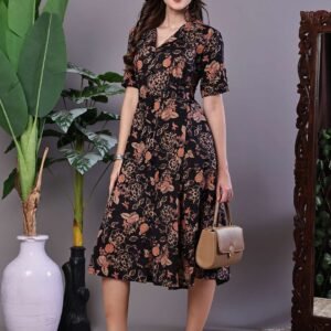 Women's Stylish Black & Rust Floral Print Button-Front Midi Dress