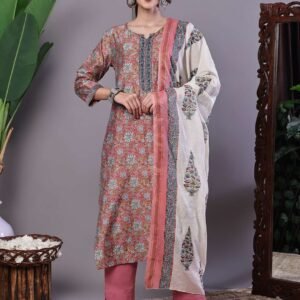 Women's Pink Floral Chanderi Print Kurta Set with Dupatta Suit Sets