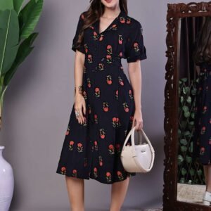 Women's Graceful Indigo & Orange Floral Block Print Cotton Shirt Dress