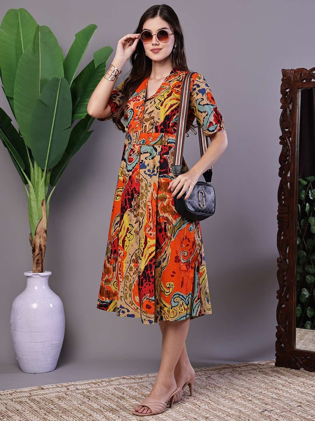 Women's Bohemian Stylish Multi-Color Paisley Print Cotton Collared Midi Dress
