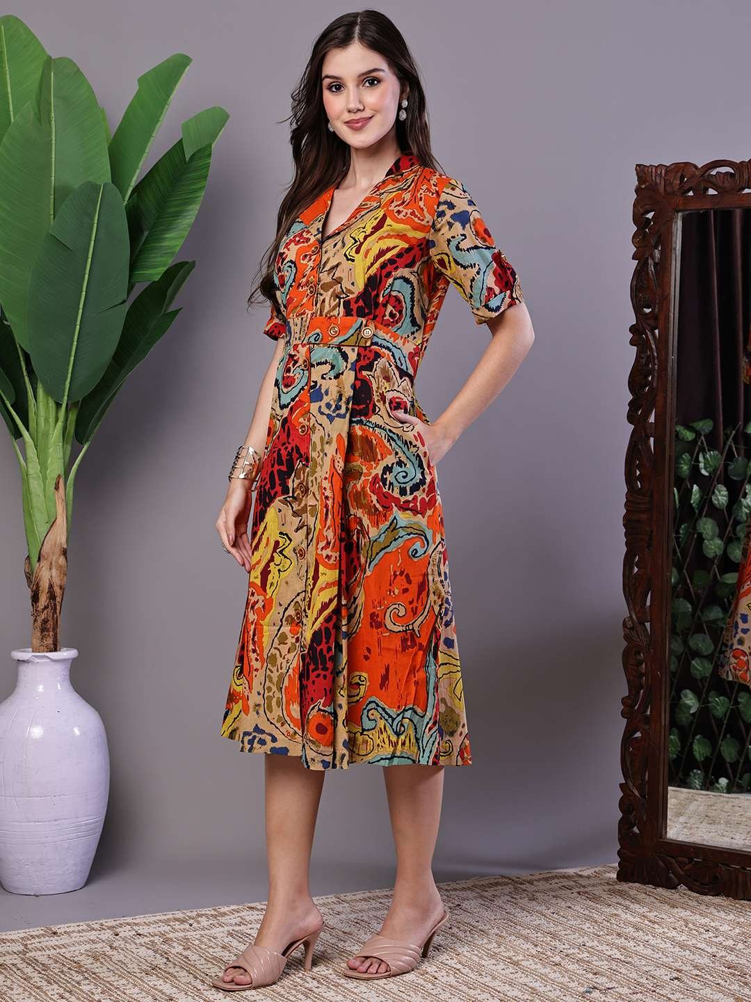 Women's Bohemian Stylish Multi-Color Paisley Print Cotton Collared Midi Dress - Image 3
