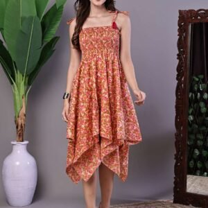 Women's MultiColor Floral Print Cotton Handkerchief Hem Dress Midi Dresses