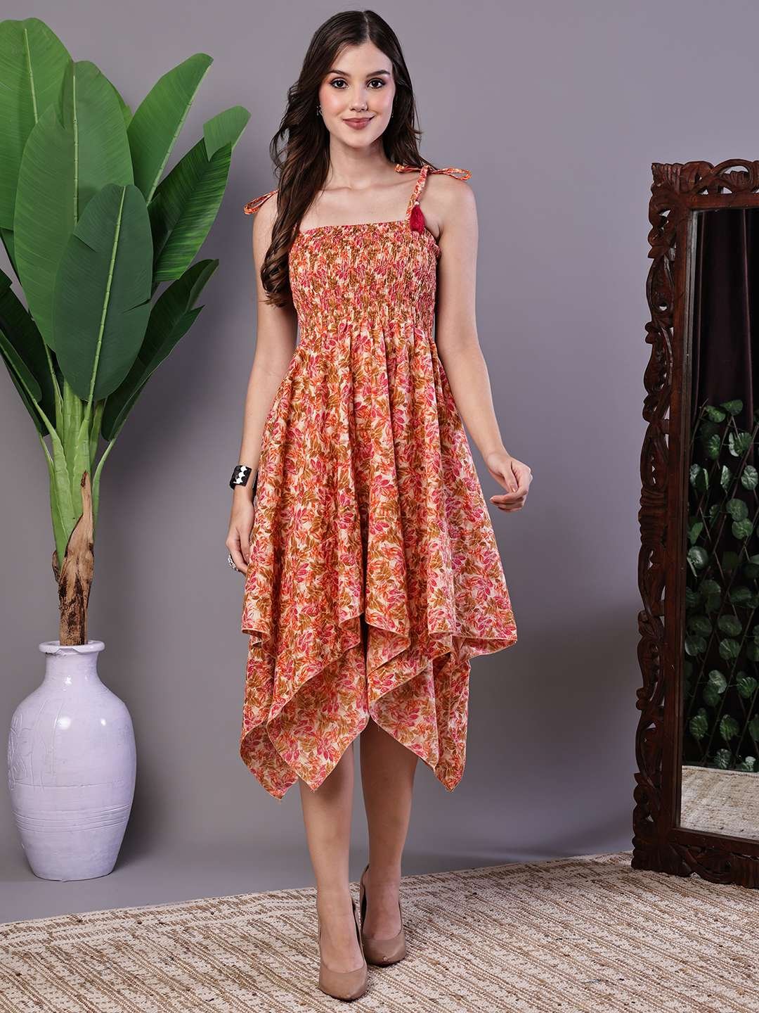 Women's MultiColor Floral Print Cotton Handkerchief Hem Dress Midi Dresses