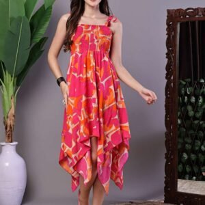 Women's Orange & Pink Print Cotton Handkerchief Hem Dress Midi Dresses