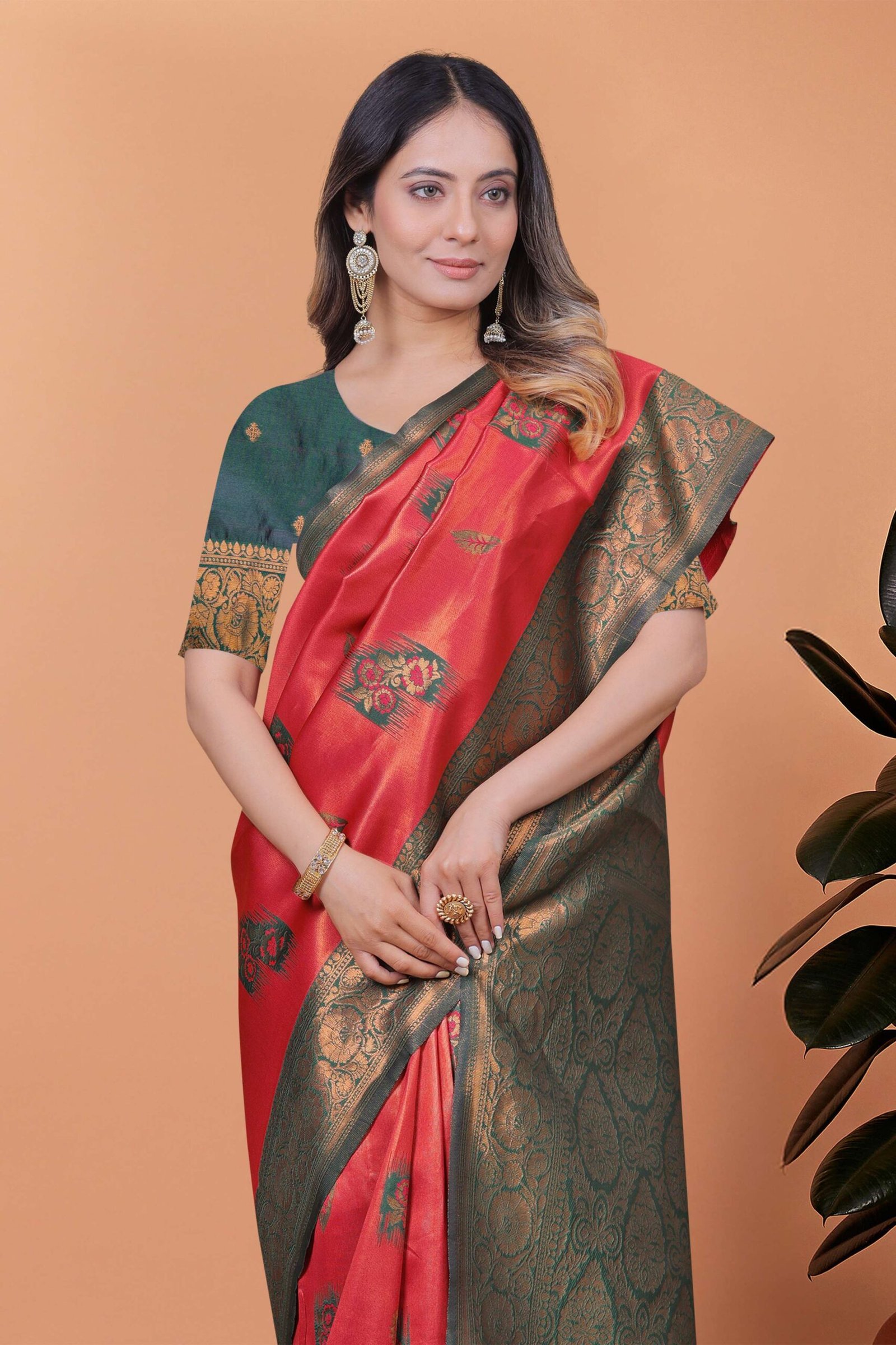 Red & Bottle Green Banarasi Silk Saree with Antique Gold Zari | Traditional Wedding & Festive Saree with Rich Pallu - Image 2