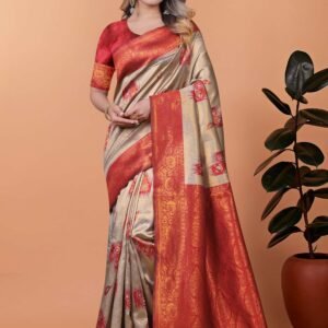 Elegant Beige-Gold Banarasi Silk Saree with Rust-Red Zari Border & Blouse | Wedding, Festival & Party Ethnic Wear