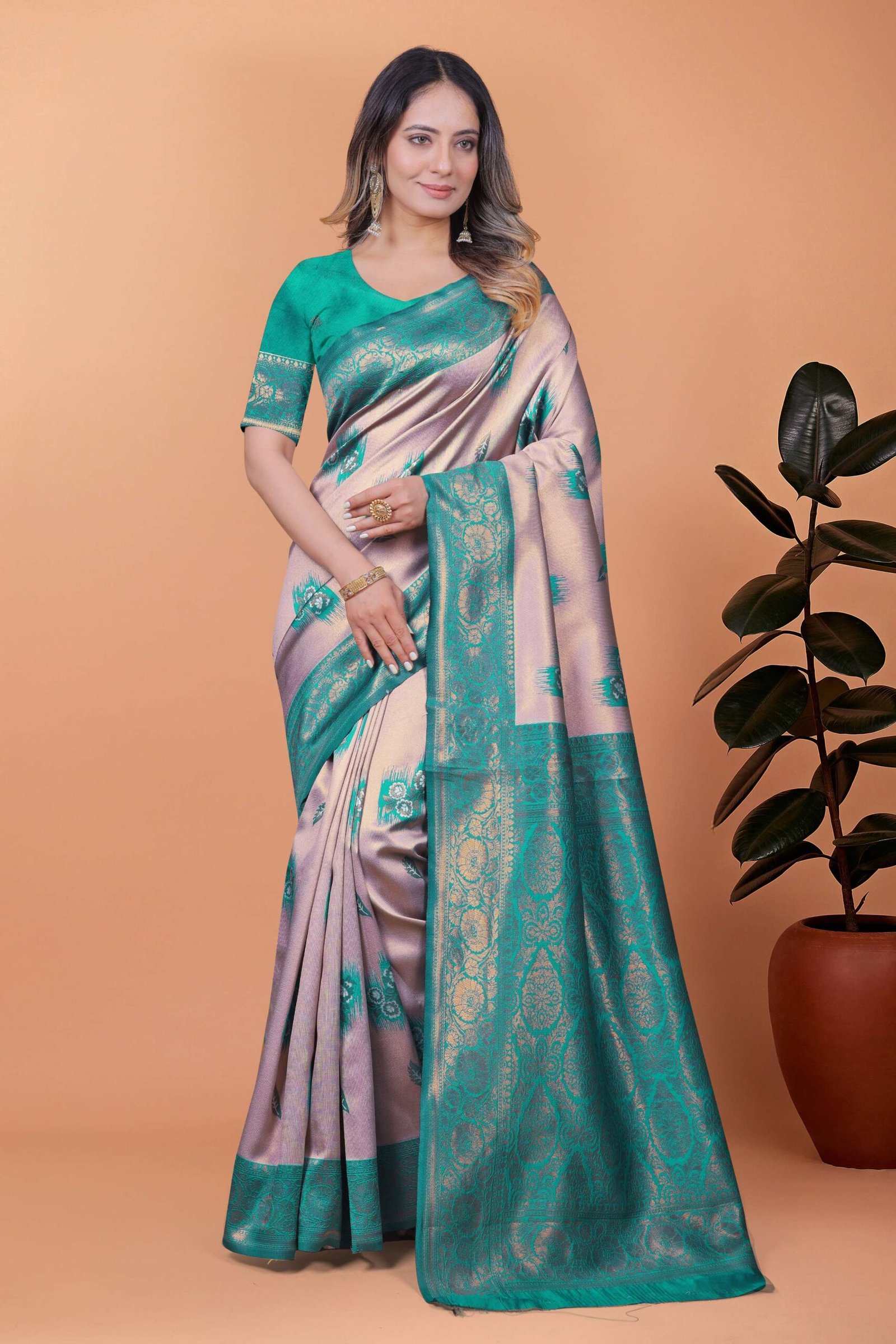 Light Lavender & Teal Green Banarasi Silk Saree with Antique Gold Zari | Wedding, Festival & Traditional Ethnic Wear
