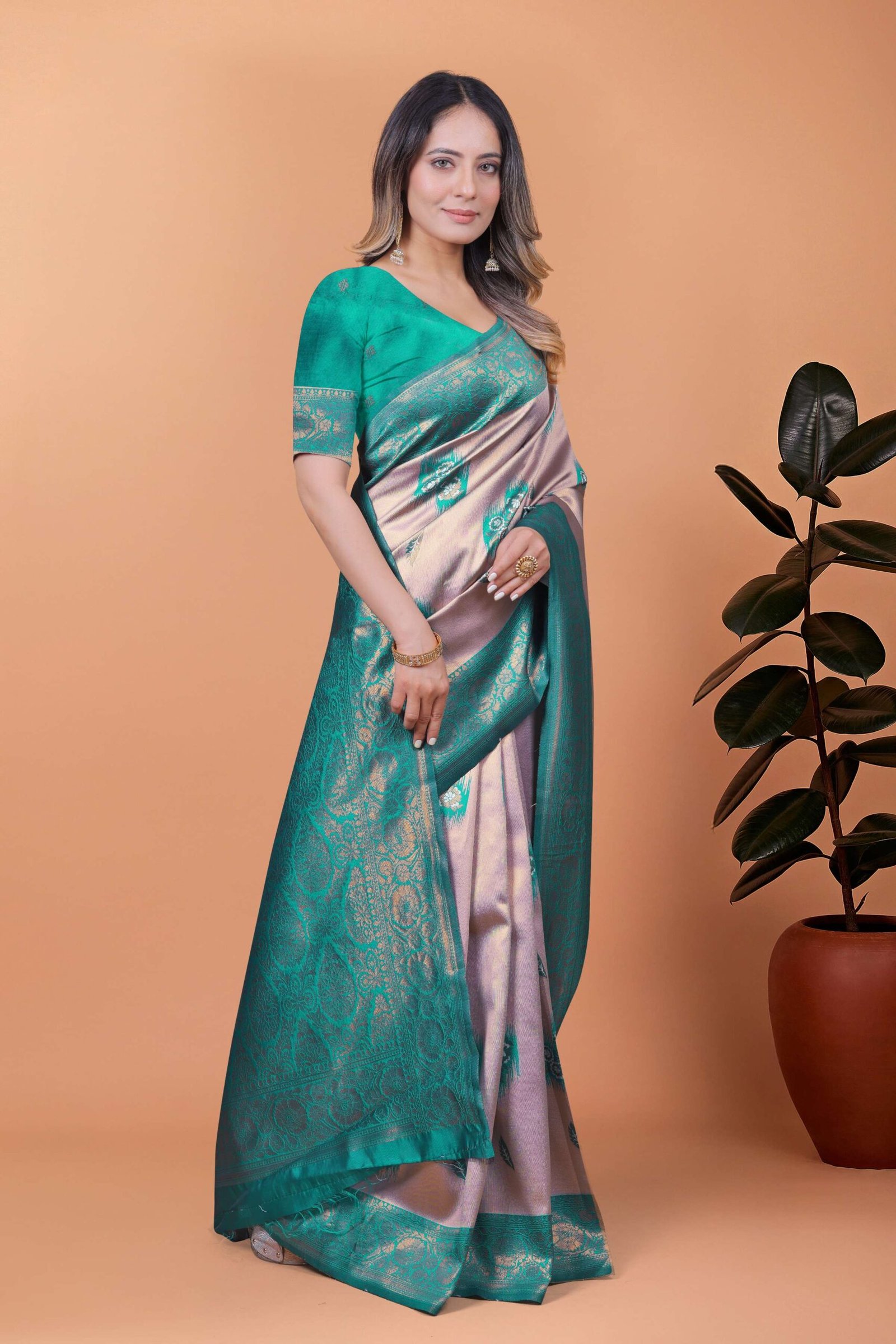 Light Lavender & Teal Green Banarasi Silk Saree with Antique Gold Zari | Wedding, Festival & Traditional Ethnic Wear - Image 5