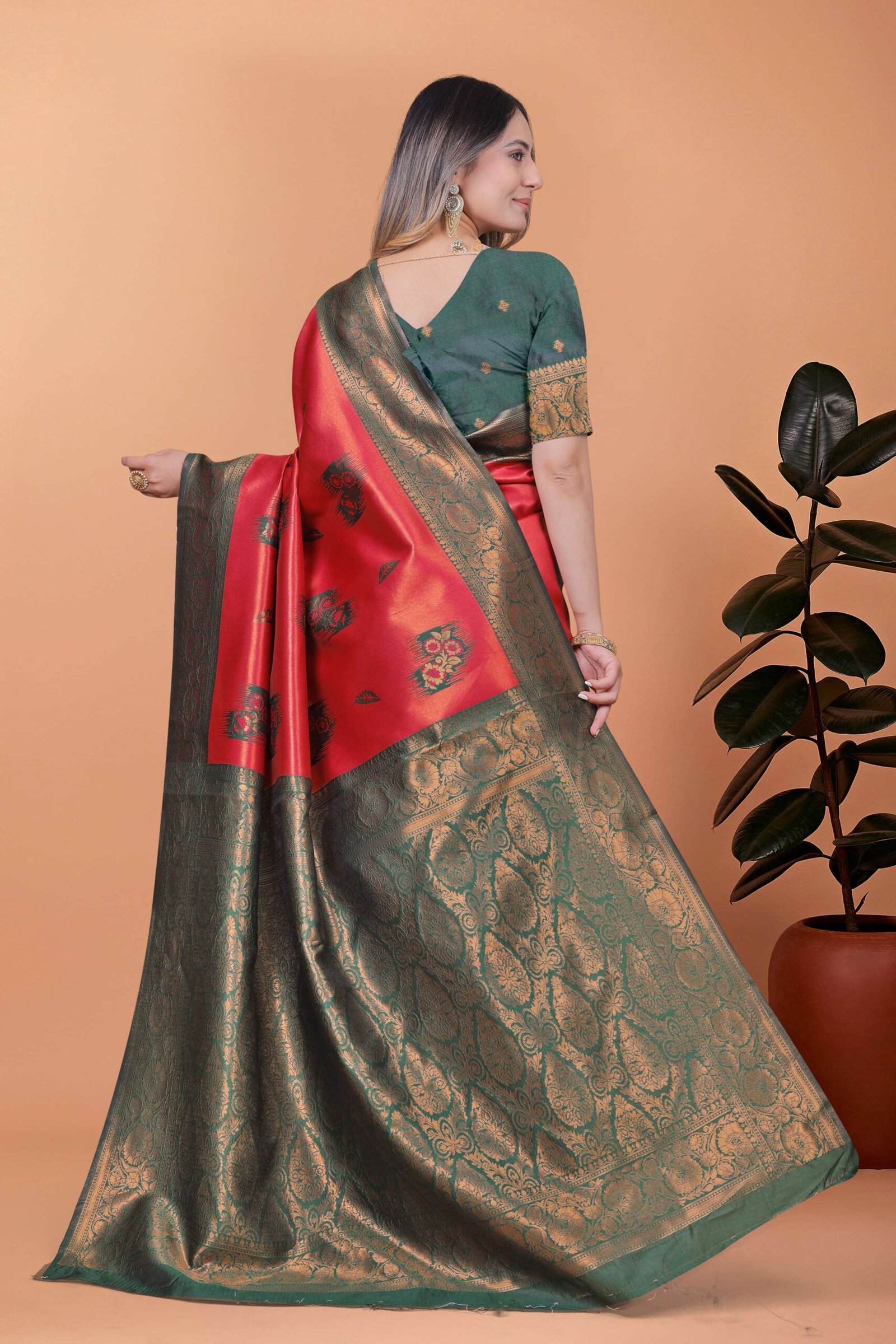 Red & Bottle Green Banarasi Silk Saree with Antique Gold Zari | Traditional Wedding & Festive Saree with Rich Pallu - Image 3