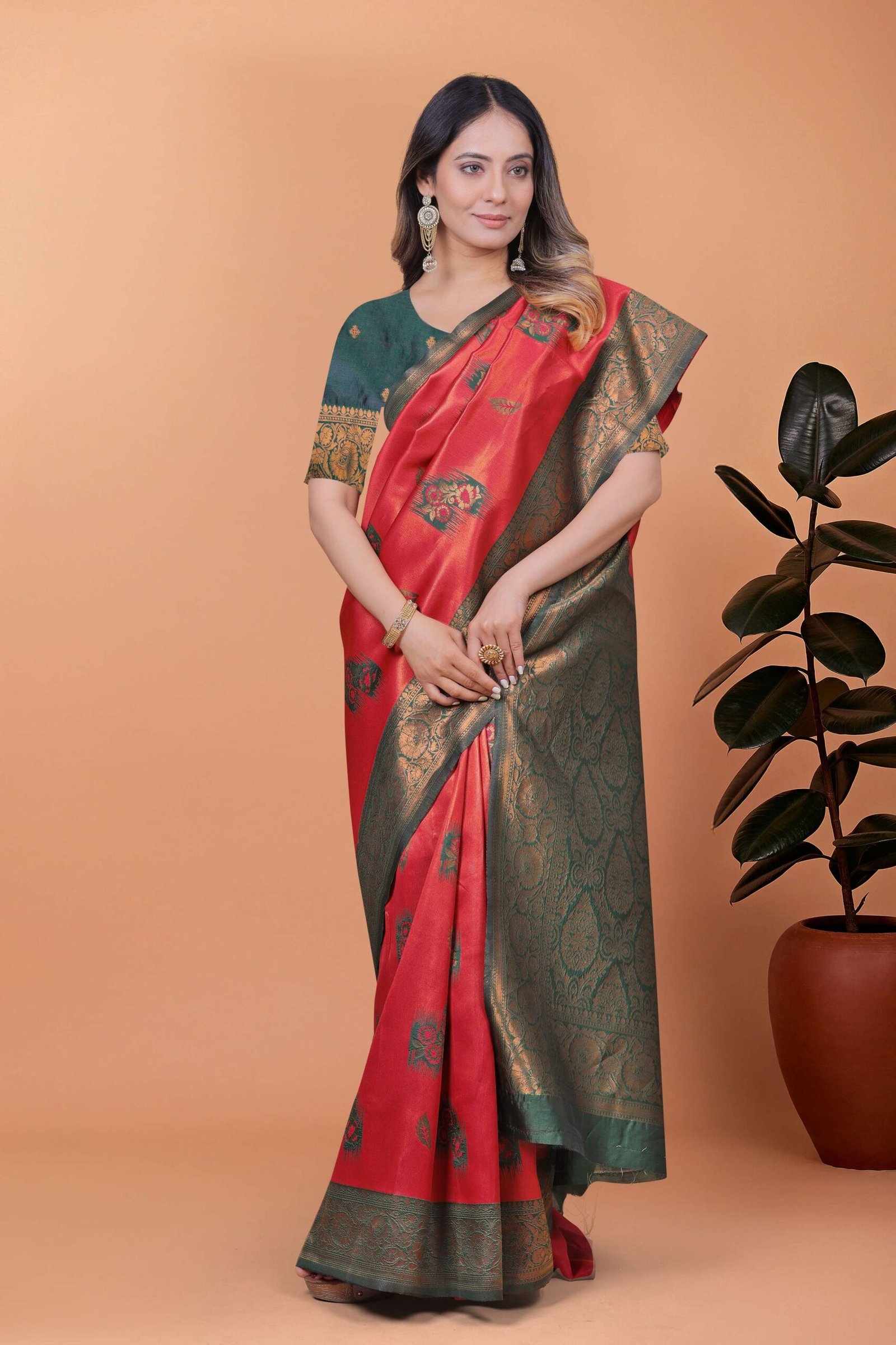 Red & Bottle Green Banarasi Silk Saree with Antique Gold Zari | Traditional Wedding & Festive Saree with Rich Pallu - Image 4